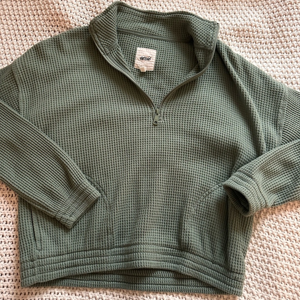 Aerie Green Waffle Knit quarter zip sweater